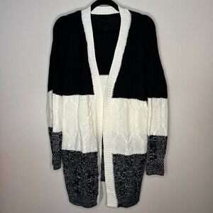 Shein Black White Color Block Cable Knit Long Open Front Cardigan Women Plus XXL